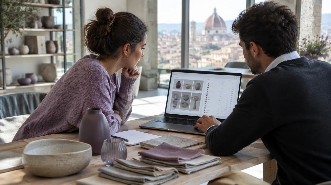 Scena illustrativa: showroom con prodotti e clienti.